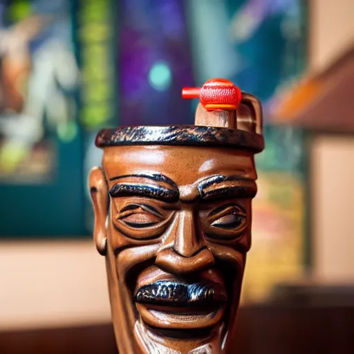 Image similar to a photorealistic photograph of a Trader Vic's tiki mug featuring Snoop Dogg at a Tiki bar - Trending on Artstation, featured on Behance, well-rendered, Unreal Engine, 4K HD