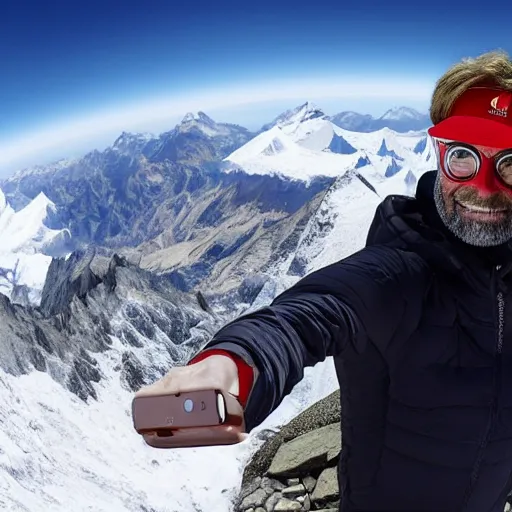 Prompt: jurgen klopp standing atop mount everest taking a selfie, 4 k, photorealistic