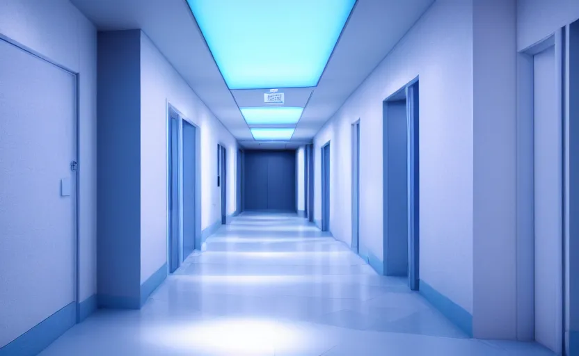 Image similar to an hallway in hospital with soft blue lights in the roof, octane render, artstation trending, highly detailded