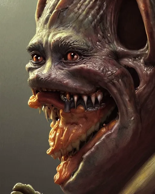 Image similar to closeup profile face portrait of a medieval goblin eating cakes in the cathedral, beautiful face, hyper realistic, highly detailed, digital painting, artstation, illustration, concept art by hyung tae, frank frazetta, bosch, giger, digital paint, matte paint, washed colors, dark, gloomy, detailed and intricate environment