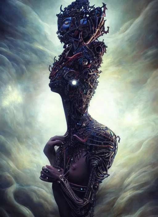 Image similar to epic portrait of menacing and anxious yet stunningly beautiful biomechanical djinn overseeing the iridescent fabric of time and space, by charlie bowater, mandy jurgens, gustav klimt, octane render, dramatic camera angle, 4k, 8k, high detail, HDR, by tom bagshaw, powerful, with inspiration from Beksinski, inspired by greek goddess Athena