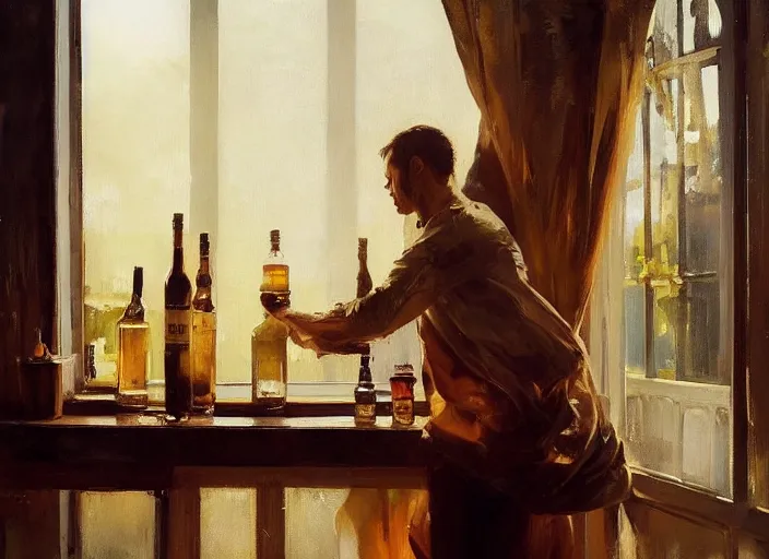 Image similar to oil painting of whiskey bottle, malt, barley plants, grain, art by anders zorn, wonderful masterpiece by greg rutkowski, beautiful cinematic light, backlit, window cast shadows, american romanticism by greg manchess, creation by tyler edlin