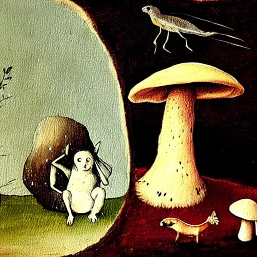 Image similar to a painting of a cute creature sitting next to a mushroom, detailed, realistic, in style of hieronymus bosch