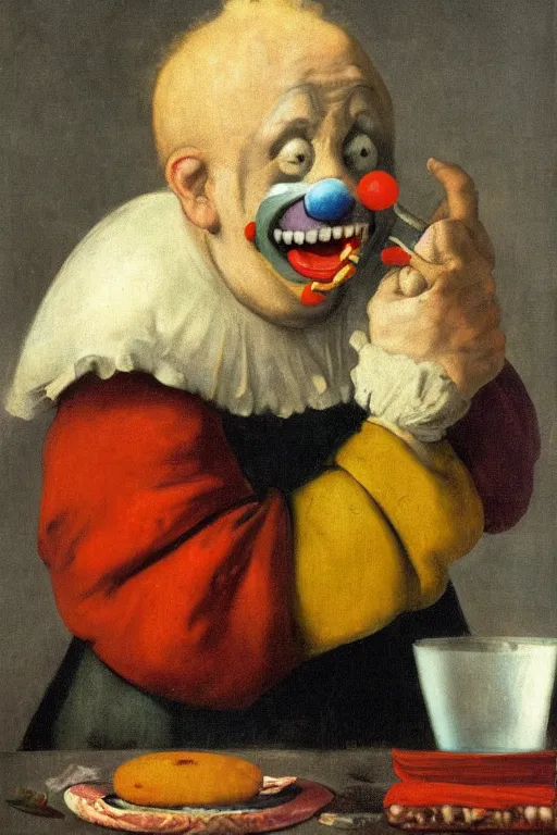 Prompt: clown eating mcdonald by rembrant