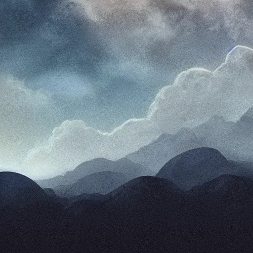 Image similar to silhouette of mountains made of light!!! bright cloudy sky, overexposed, hyper detailed matte painting