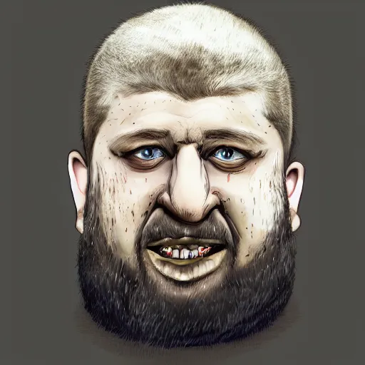 Image similar to bodyhorror portrait of ramzan kadyrov who became an ugly retarded lovecraftian monstrosity, photo - realistic, color image, 2 k, highly detailed