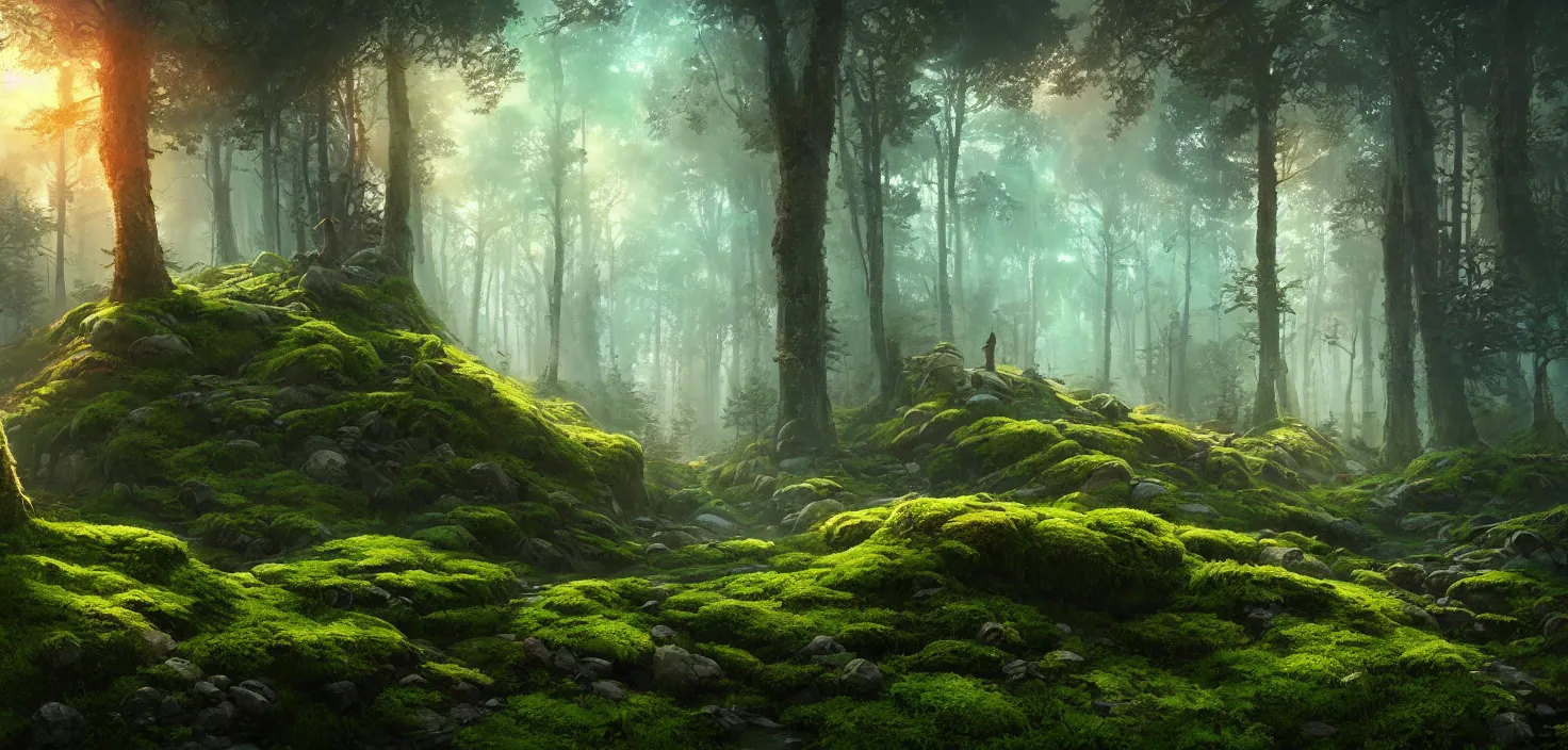 Image similar to random forest landscape, moss, incredible, vector art, octane render, fabulous, hyper detailed, random cinematic view, no noise, global illumination, warm lighting, volumetric, godrays, vivid, beautiful, style jordan grimmer and toni infante