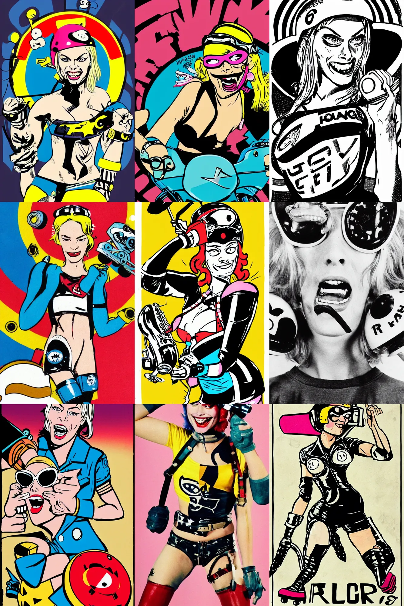 Prompt: Margot Robbie as tank girl, roller derby advert logo, wearing roller derby helmet, winking, roller skating, 1960s, by Jamie Hewlett