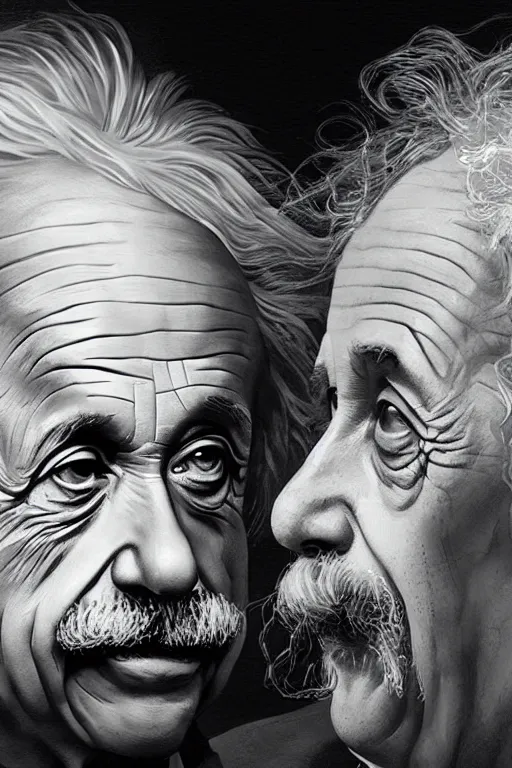 Image similar to Albert Einstein and Alan Watts having a metaphysical discussion, close up portraits, hyperdetailed artstation, cgsociety by greg rutkowski and by Gustave Dore