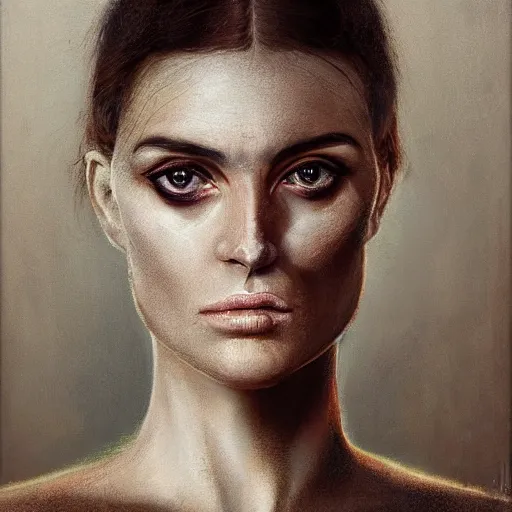 Image similar to surreal portrait of a woman by Greg Rutkowski and H.R Giger, symmetrical face, she is about 30 years old, she is about 30 years old, pretty, blond hair with two strans around her face, slavic features, melancholic gaze, pretty aquiline nose, transformed into a kind of biomechanical transhuman goddes, uncany but fascinating, sad but determined look, cosmic void background, frightening, fascinating, highly detailed portrait, digital painting, book cover, artstation, concept art, smooth, sharp foccus ilustration, Artstation HQ