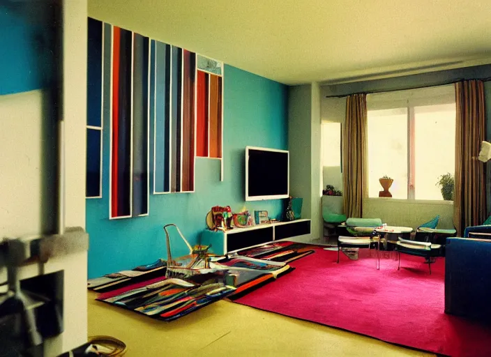 Image similar to 3 5 mm photogaphy of the interior of a living room by memphis group