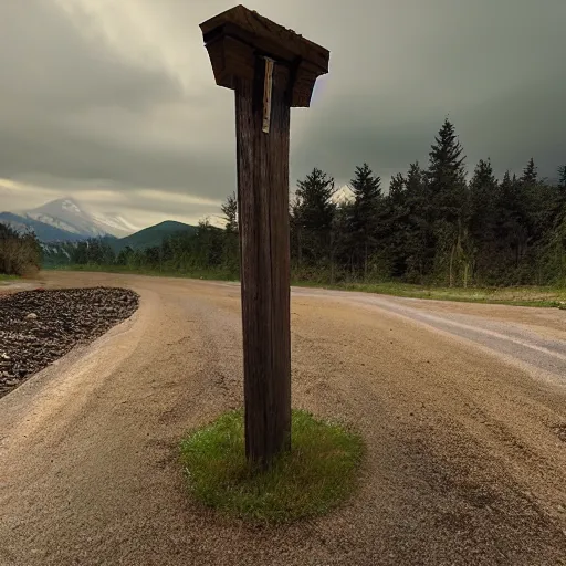 Prompt: unpaved road intersection with wooden guidepost artstation, digital art, ultra wide shot