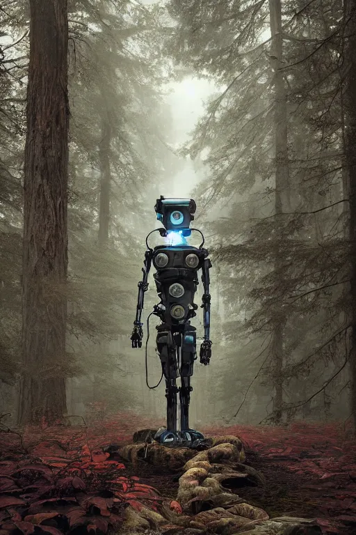 Image similar to A robot statue in the middle of a forest covered in veins and rust by Greg Rutkowski, Sung Choi, Mitchell Mohrhauser, Maciej Kuciara, Johnson Ting, Maxim Verehin, Peter Konig, final fantasy , 8k photorealistic, cinematic lighting, HD, high details, atmospheric,