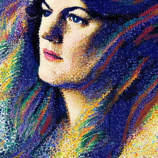 Image similar to professional painting of Jennifer Carpenter in the style of Henri-Edmond Cross, head and shoulders portrait, symmetrical facial features, smooth, sharp focus, illustration, intricate, stormy weather, extremely detailed masterpiece,