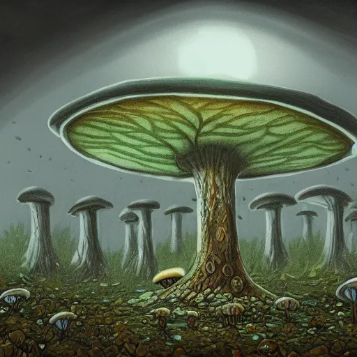 Image similar to drawing of a mushroom city in the middle of the forest, high details, godrays, 4k