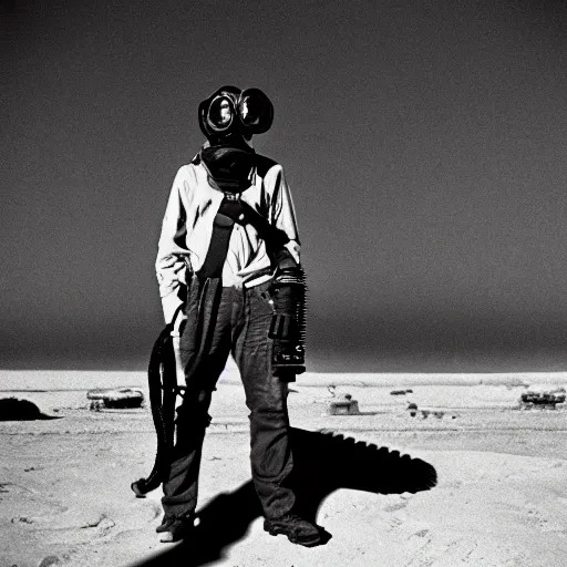 Prompt: a man wearing a pilot gasmask, with long air tubes, straps, heavy equipment, in the desert, film still, arriflex 35