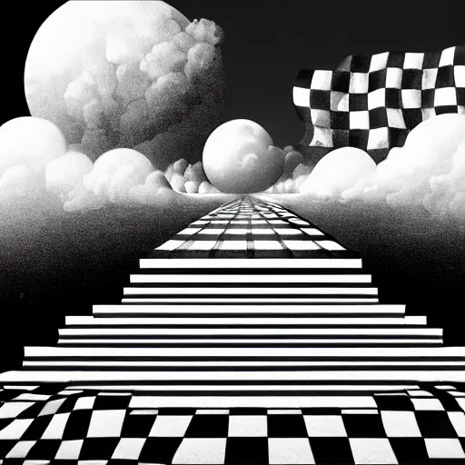 Image similar to A black and white freemasonic chequered surrealist digital painting of a stairway to into the clouds in the art style of jeff koons, Gilbert williams, Edwin Frederic Church and Christopher Balaskas, trending on artstation, 4k UHD