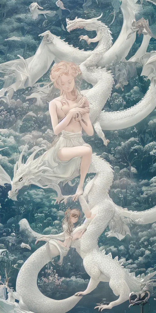 Prompt: the beautiful render of a girl lies in the arms of the huge white dragon in the fairyland surrounded by white clouds, in the style of victo ngai, animation style, 8 k render, trending on cgsociety, hyperrealism, highly detailed