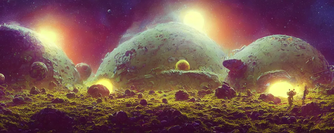 Prompt: ” outer planet with strange and mysterious eggs and larvae, [ art by paul lehr, cinematic, detailed, epic, widescreen, opening, establishing, mattepainting, photorealistic, realistic textures, octane render ] ”
