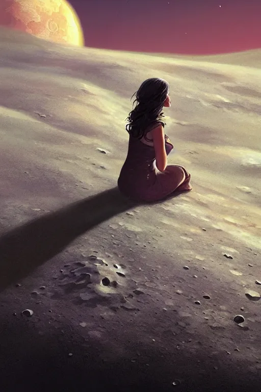 Prompt: Woman sitting on the moon with a view of the earth in the background, elegant, digital painting, highly detailed, artstation, concept art, smooth, sharp focus, illustration, art by artgerm and greg rutkowski.