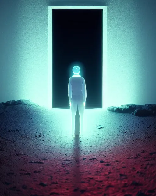 Image similar to a person standing in front of a glowy open door that's on a barren moon, poster art by mike winkelmann, trending on cg society, space art, sci - fi, ue 5, futuristic, volumetric lighting, light casting onto the ground, neat composition and camera angle