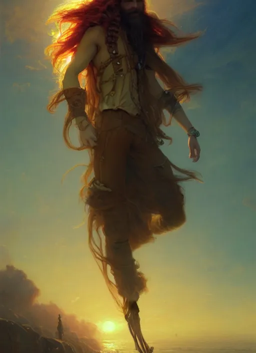 Image similar to portrait painting of a handsome rugged long hair crimson hair male pirate, soft hair steampunk ornate zeppelin in the sky sunset golden hour art by greg rutkowski gaston bussiere fantasy soft hair trending on artstation deviantart book cover art concept art key art dramatic volumetric lighting, 4 k, award winning