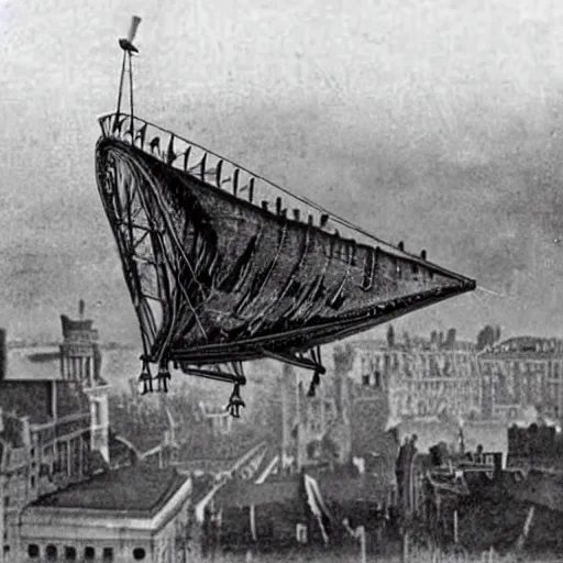 Prompt: a photograph of a steampunk dirigible floating above london in the 1 8 6 0