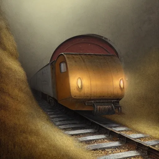 Image similar to an old train in tunnel by Aron Wiesenfeld and beksincki, cinematic, detailed illustration, nature, fog, dark colors, suspense, intricate, 8k