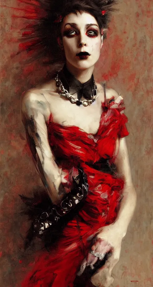 Image similar to Solomon Joseph Solomon and Richard Schmid and Jeremy Lipking victorian genre painting portrait painting of a young beautiful woman punk rock goth with punk rock haircut in fantasy costume, red background