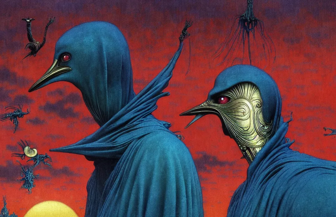 Image similar to realistic detailed portrait movie shot of a birdman wearing a dark robes, sci fi city landscape background by denis villeneuve, amano, yves tanguy, alphonse mucha, ernst haeckel, max ernst, roger dean, masterpiece, rich moody colours, dog teeth, blue eyes, sunset