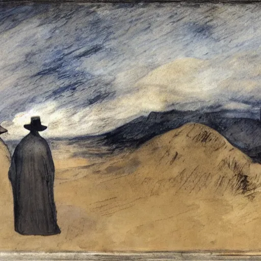 Prompt: concept art, long shot cloaked figures on a mountain, painting styles by Turner and Degas and Magritte and, painted on tarpaper with gold and silver pen and ink and palette knife, 8k, highly detailed _W 1024