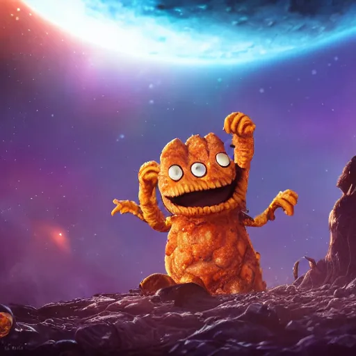 Image similar to one eldritch horror bloody garfield in space, galaxy, hd, 8 k, explosions, giant, epic, realistic photo, unreal engine, stars, prophecy, powerful, cinematic lighting, destroyed planet, debris, violent, sinister, ray tracing, dynamic, print, epic composition, dark, horrific, teeth