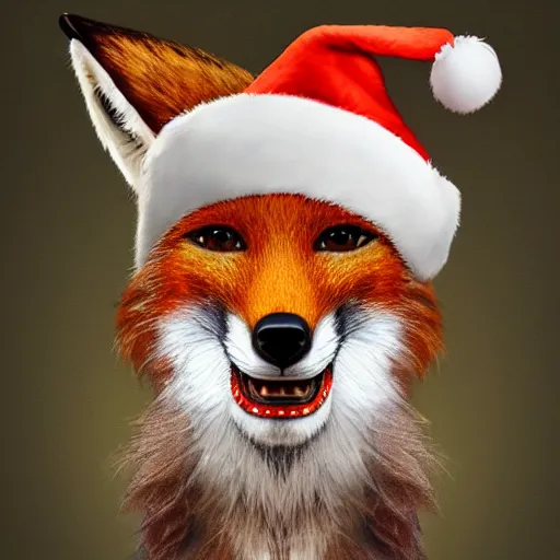 Image similar to A Detailed Award Winning Masterpiece, trending on artstation, 4k, of a fox wearing a santa hat, eating a cheese platter