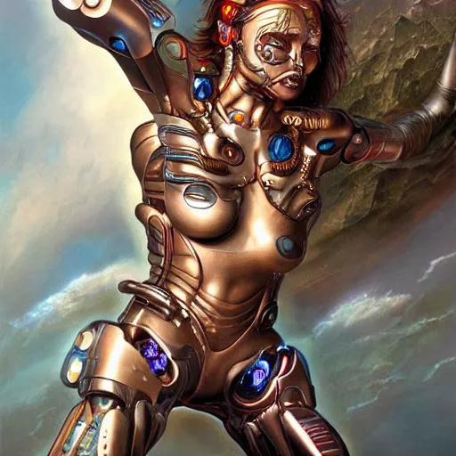 Prompt: female cyborg, hyper detailed, aesthetic, fantasy background. in the style of boris vallejo, karol bak and alain aslan