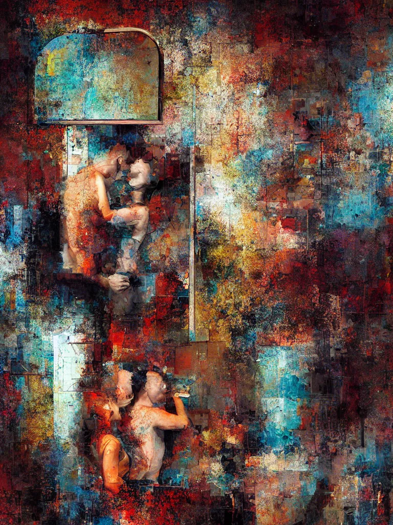 Image similar to a beautiful painting by nick runge of a couple in front of a mirror in a glitched bathroom, metal rust and plaster materials, pixel sorting, color bleeding, brushstrokes by jeremy mann
