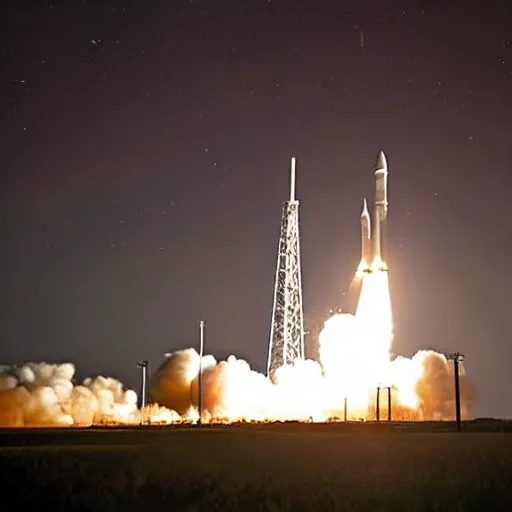 Prompt: Nighttime launch of the Space Launch System from LC-39B at Kennedy Space Center, 2025, award-winning photo by National Geographic