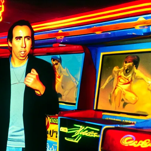 Prompt: Nicholas Cage in a 1980s arcade, colorful, dramatic lighting, intense pose, realistic photo