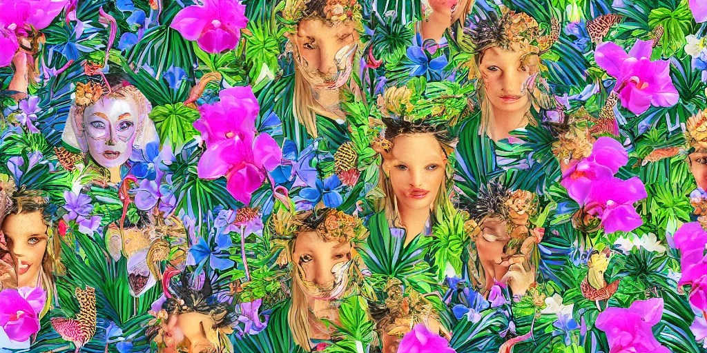 Image similar to repeating pattern tiled, photo realistic depiction of a beautiful woman face surrounded by orchids, lion fish, and colorful flamingos style by Salvador Dali , hyper realistic