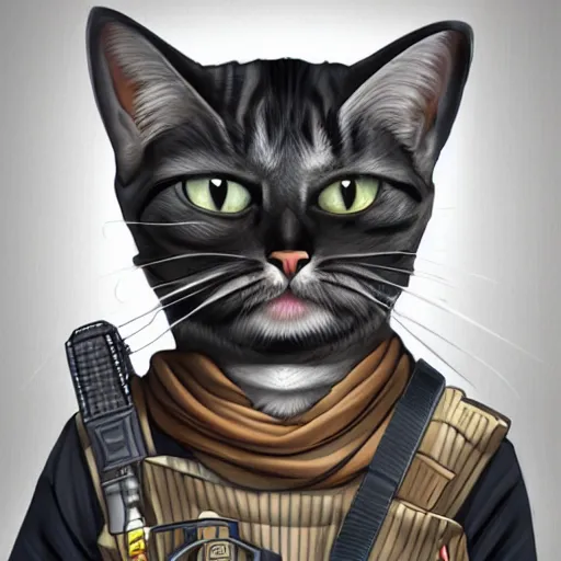 Image similar to a cat dressed as a terrorist, illustration, funny, caricature, hd, 8 k, hyper detailed,