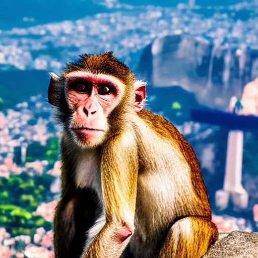 Image similar to high quality portrait of a monkey in front of Christ The Redeemer, studio photograph, photograph, realistic photo, 8k photo, 4k photo, stock photo, high resolution, cinematic shot, high detail