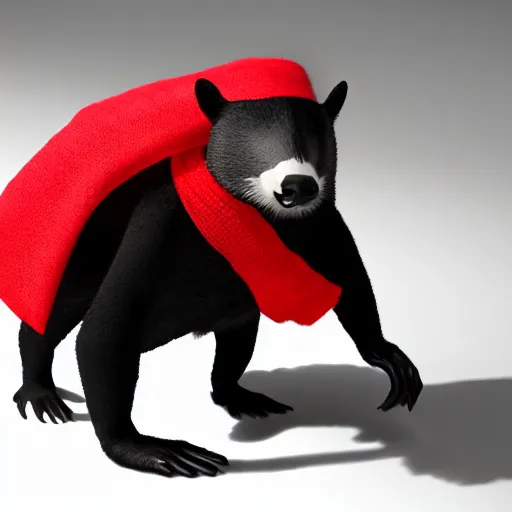 Image similar to a bipedal badger walking on white background towards the camera, he‘s wearing a red scarf, digital render