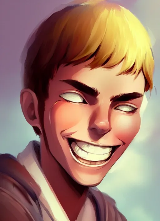 Image similar to a white young man with a big smile, prominent big eyes, round portruding chin, plump lips, brown flowers, standout colours, sharp, simple lines, digital painting, artstation, matte, sharp focus, illustration, realistic anime artstyle