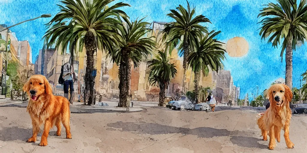 Image similar to golden retriever dog walking in tel aviv street looking at the camera. palm trees. sunset. high quality. digital art. watercolor. highly detailed. drawing. art. colorful. fluffy