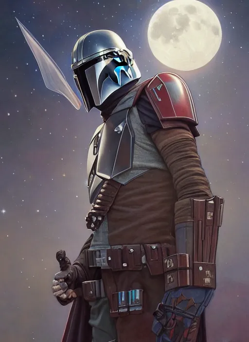 Prompt: the mandalorian surrounded by starlight, moon behind him, fantasy, intricate, elegant, hyper detailed, ultra definition, photoreal, artstation, unreal engine rendered, concept art, smooth, sharp focus, illustration, art by artgerm and greg rutkowski and alphonse mucha and garis edelweiss