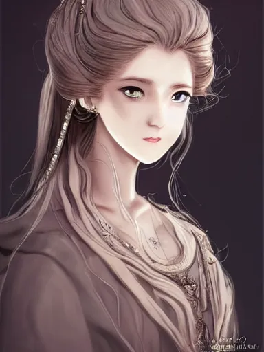 Image similar to a smiling woman, long hair, baroque style, elegant, beautiful, mesmerizing, concept art, fancy clothing, highly detailed, artstation, behance, deviantart, inspired by innocent manga, inspired by castlevania concept art, trending, ayami kojima, shinichi sakamoto