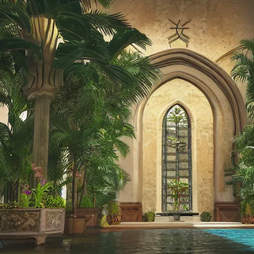 Prompt: cathedral interior with koi pond in the middle surrounded by palm trees, flowers, roses, tropical plants, and archways. photorealistic lighting rendered in octane