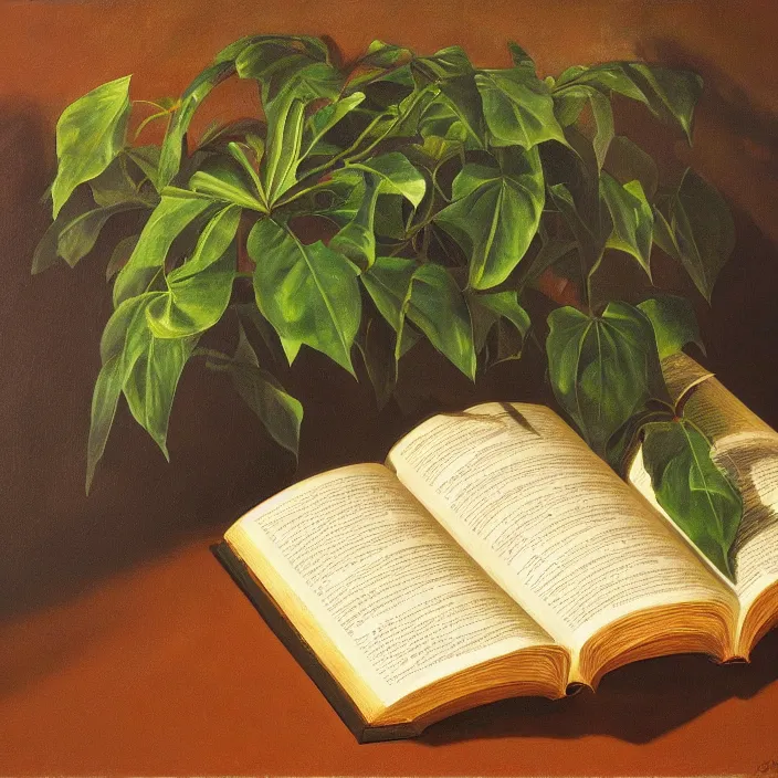 Prompt: still life painting of large book and greenery by tony ackland, oil on canvas, strong lighting, highly detailed, hyper realism, golden hour, god rays, hd, 4 k