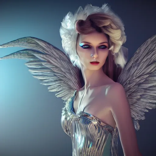 Image similar to fantasy angel with wings inspired avant - garde art, deco fashion, highly detailed, photorealistic portrait, bright studio setting, studio lighting, crisp quality and light reflections, unreal engine 5 quality render