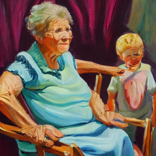 Prompt: painting in the zandinsky style of a grandmother sitting in a rocking chair, surrounded by her grandchildren, while she tells them a story