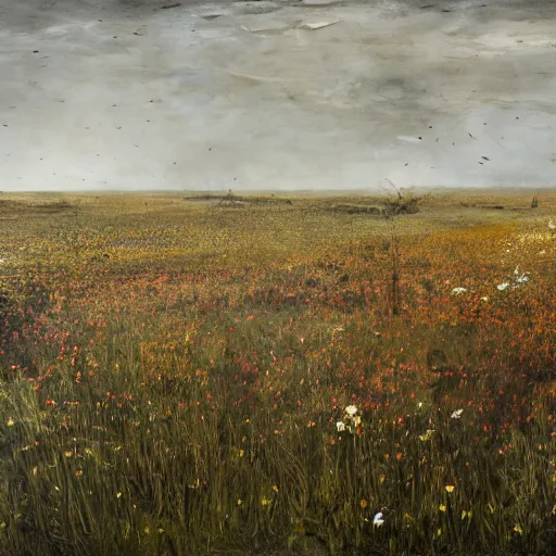 Prompt: upon the heath, where we made our bed, the flowers and grass pressed down, by Anselm Kiefer, matte painting, oil paint, shellac, charcoal, straw and gold leaf on canvas, concept art, cgsociety, octane render, trending on artstation, artstationHD, artstationHQ, unrealengine, 4k,